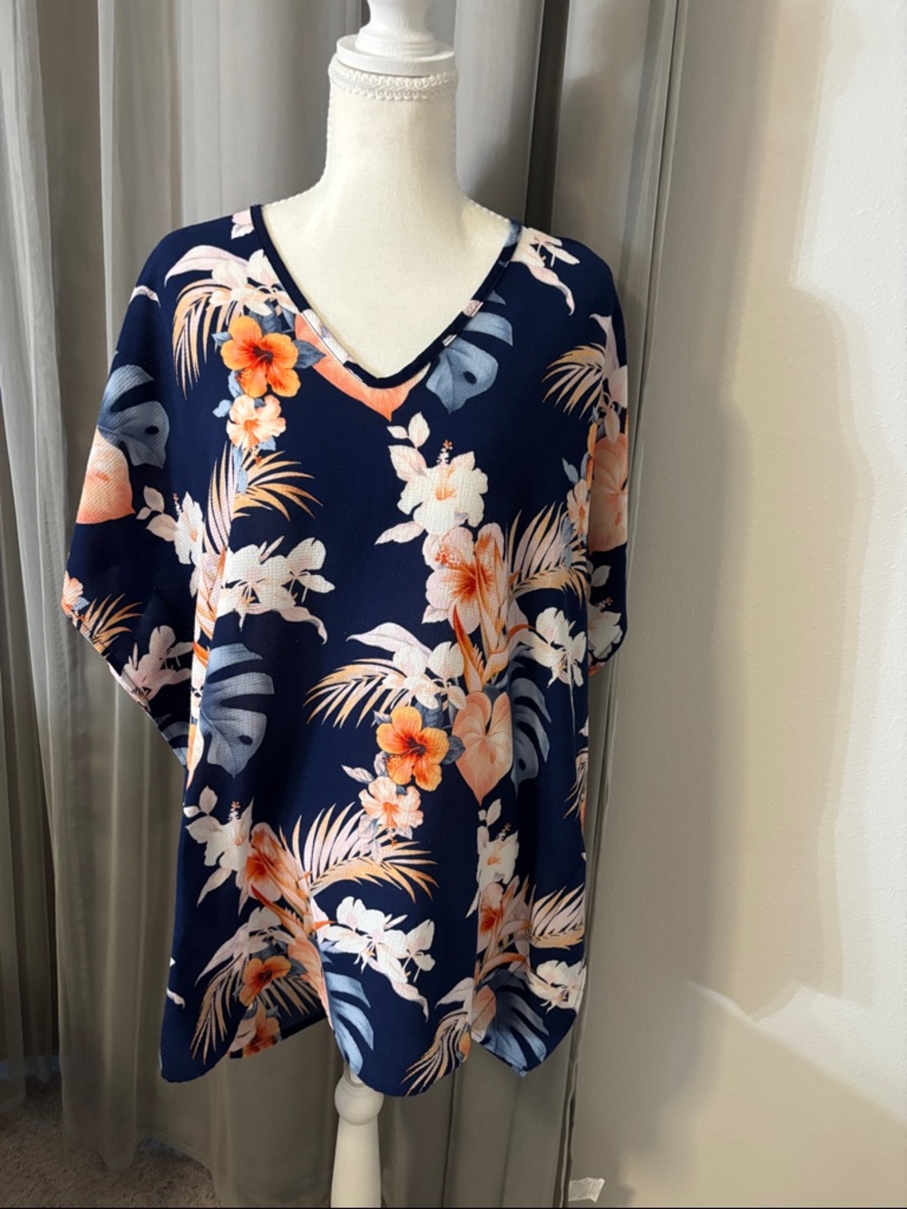 Navy Floral V-Neck Swim Coverup